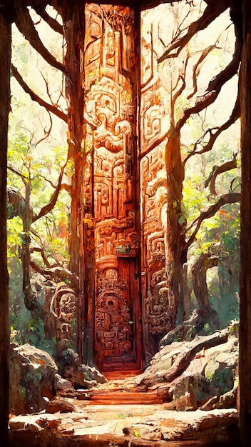 Ilustración 3D de fondo de puerta de estilo maya de bosque