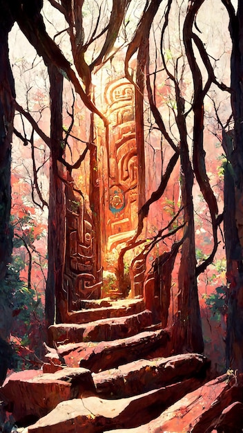 Ilustración 3D de fondo de puerta de estilo maya de bosque