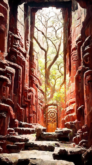 Ilustración 3D de fondo de puerta de estilo maya de bosque