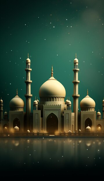 Ilustración en 3D del fondo de Ramadan Kareem con mezquita y linternas