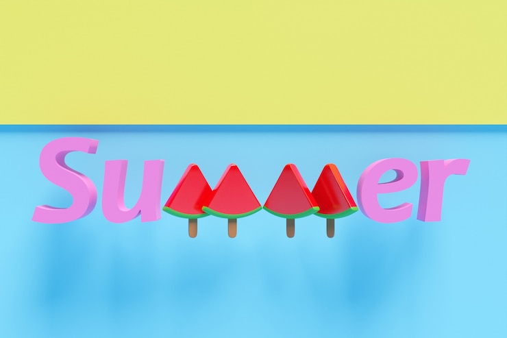 Foto ilustración 3d de fondo de verano con rayas amarillas y un fondo azul similar al mar