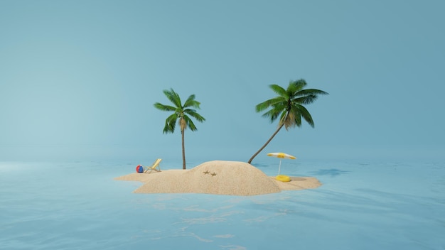 Ilustración 3D de fondo de viajes y vacaciones con hermoso océano azul y diseño de fondo de verano de fondo de isla con espacio en blanco para texto