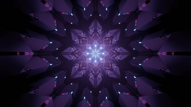 Ilustración 3d de fondo visual de arte abstracto con adornos de neón púrpura en forma de flor geométrica brillante y destellos como interior del túnel futurista
