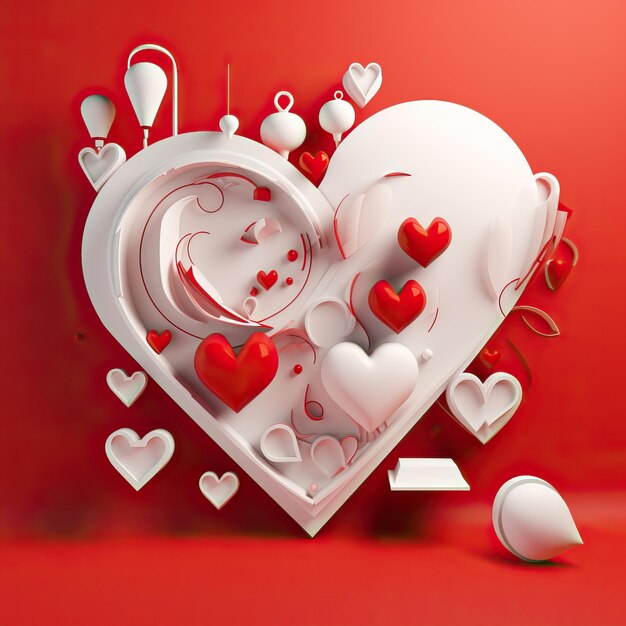 Ilustración 3D en forma de corazón en fondo rojo del concepto del logotipo del corazón restomate