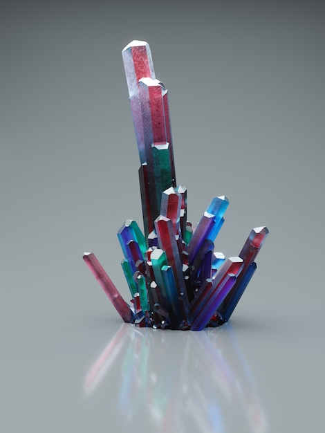 Ilustración 3d de forma de cristal abstracto sobre suelo reflectante