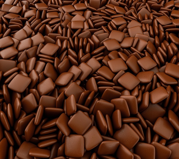 Ilustración 3d de forma cuadrada de caramelo de chocolate recubierto de azúcar moreno