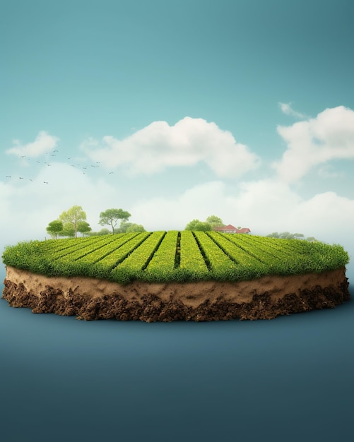 Ilustración 3d forma redonda de campo agrícola aislado en fondo azul