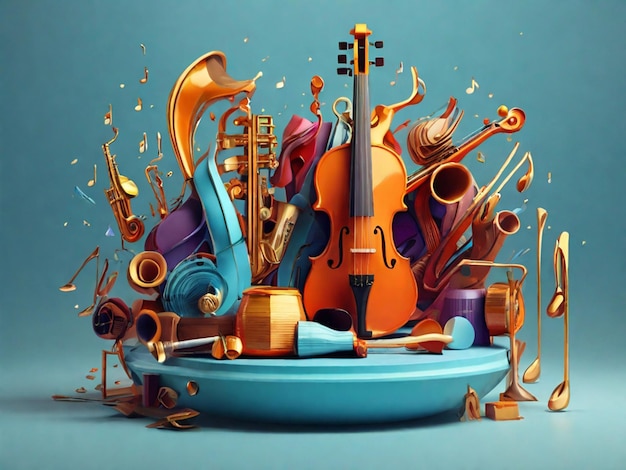 Ilustración 3D de forma redonda de instrumentos musicales con violín de guitarra, etc. para la celebración del día de la música