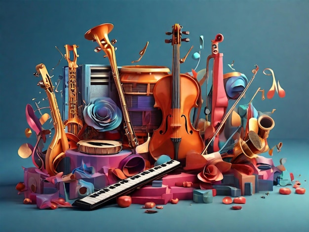 Ilustración 3D de forma redonda de instrumentos musicales con violín de guitarra, etc. para la celebración del día de la música