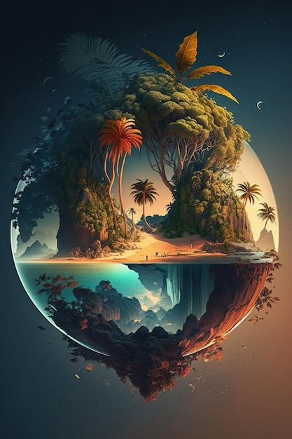 Ilustración 3d forma redonda de isla tropical