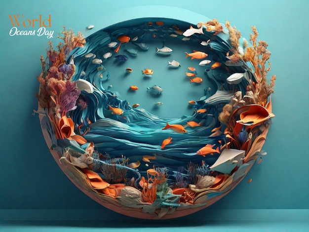 Ilustración 3D de forma redonda de papel de océano cortado con peces