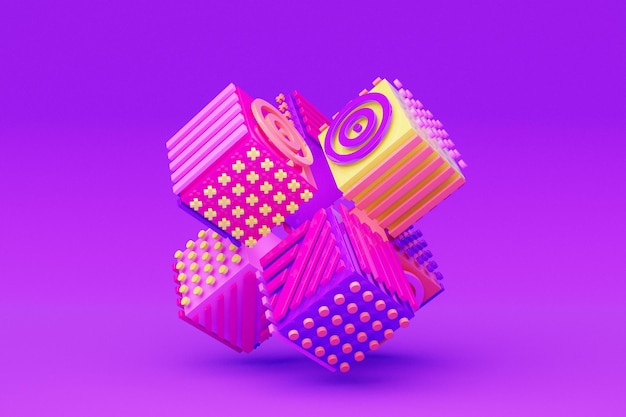 Ilustración en 3D de formas abstractas ilusión de varios cuadrados con patrones isométricos formas abstractas entrelazadas formas coloridas
