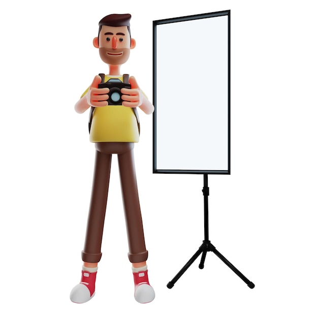 Foto ilustración 3d fotógrafo diseño de personajes 3d e iluminación de la cámara con una cámara en la mano