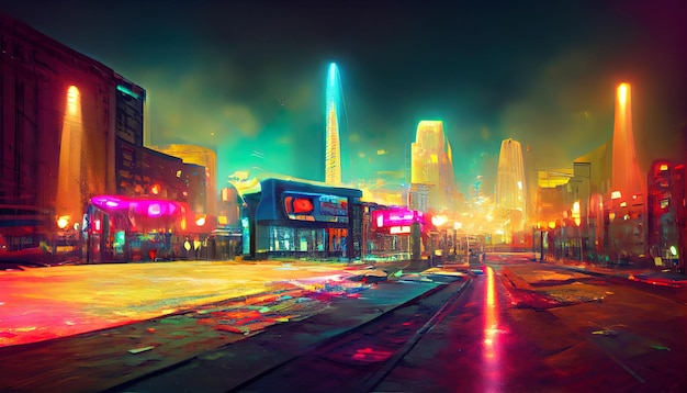 Ilustración 3d fotorrealista de la ciudad futurista al estilo de cyberpunk Calle vacía con luces de neón