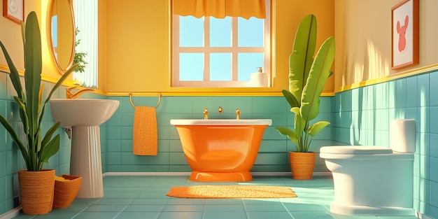 Ilustración en 3D del fregadero del inodoro del baño de las plantas verdes de los fregadores del baño de los colores turquesa amarillo