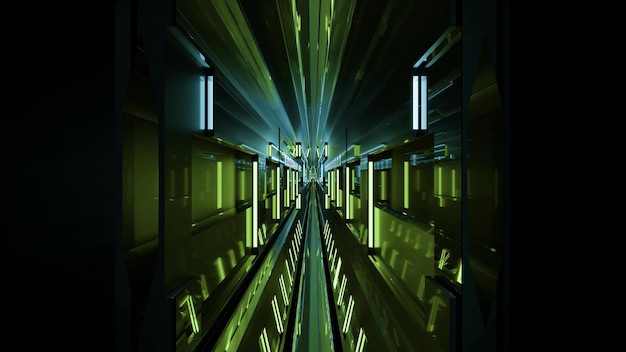 Ilustración 3d futurista abstracta con lámparas de neón brillantes y rayos de luces en el túnel 4K UHD