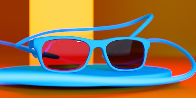 Ilustración 3d de gafas de sol azules con una cadena de plástico con sombras sobre un fondo amarillo.