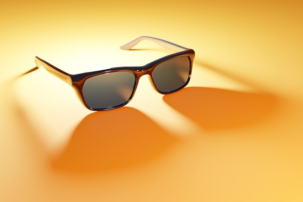 Ilustración 3d de gafas de sol negras realistas con sombras sobre un fondo amarillo.