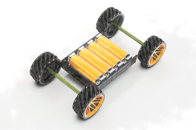 ilustración 3d garabateada de caja negra con cuatro baterías amarillas entre cuatro ruedas entre