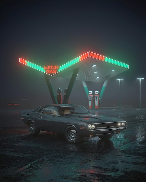 Ilustración 3D de la gasolinera de neón y el coche retro Lluvia de niebla y reflejos de color nocturnos en el asfalto