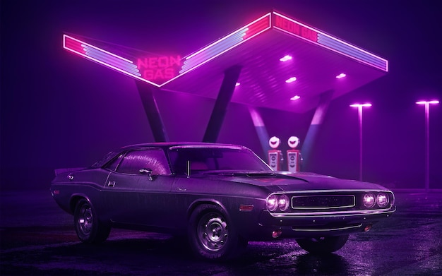 Ilustración 3D de la gasolinera de neón y el coche retro Lluvia de niebla y reflejos de color nocturnos en el asfalto