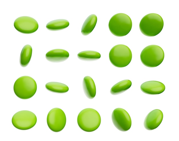 Ilustración 3d de gemas recubiertas de azúcar de caramelo de chocolate de colores verdes