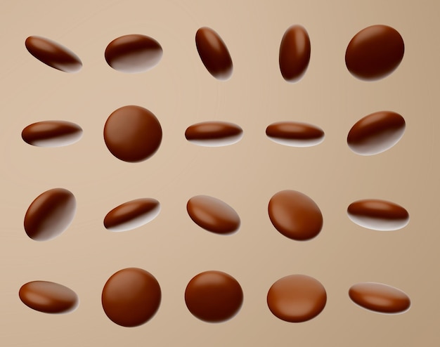 Ilustración 3d de gemas recubiertas de azúcar moreno en muchas formas aisladas sobre fondo de chocolate