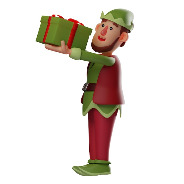 Ilustración en 3D Generoso Elf personajes en 3D dan regalos de Navidad a los niños mostrando un alegre