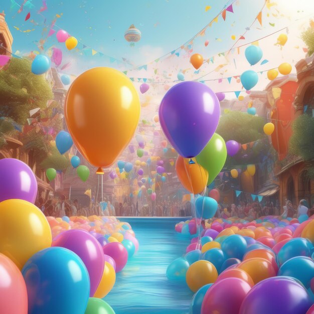 Ilustración 3D de un globo y un arco iris con muchos globos Ilustración 4D de un balón