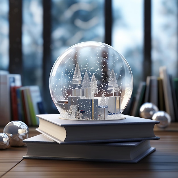 Foto ilustración 3d de un globo de nieve con libros y un hermoso paisaje en el interior