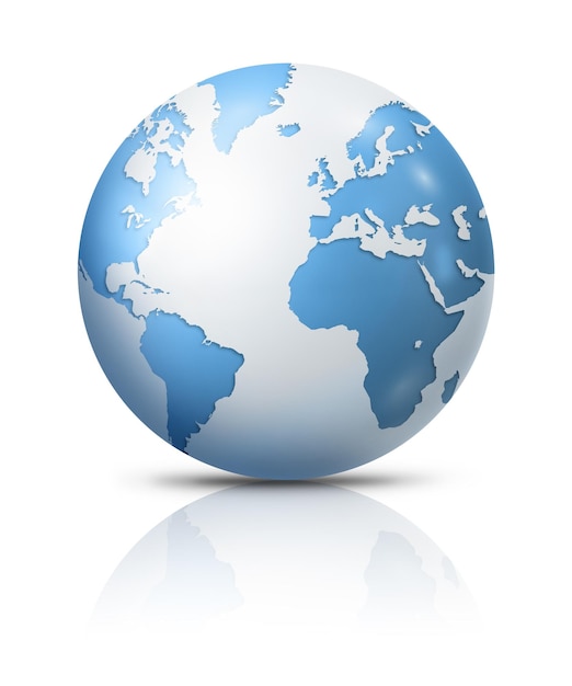 Ilustración 3D del globo terrestre azul aislado sobre un fondo blanco