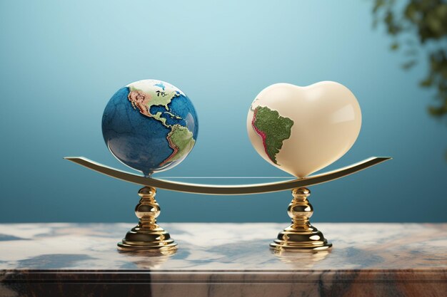 Foto ilustración 3d globo terrestre contra el corazón en la balanza equilibrando la vida