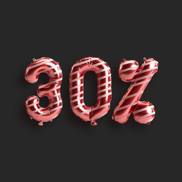 Ilustración 3d de globos del 30 por ciento para la venta de productos del día de san valentín aislados en el fondo