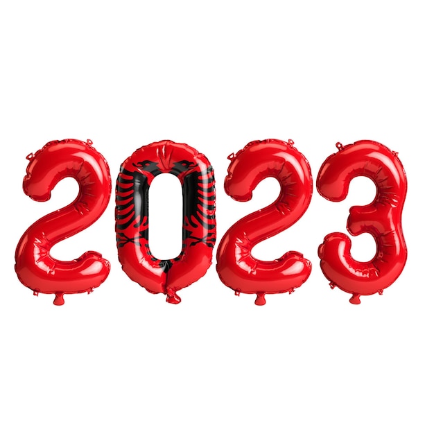 Ilustración 3d de globos del año 2023 con bandera de Albania aislada sobre fondo blanco