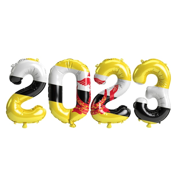Ilustración 3d de globos del año 2023 con bandera de Brunéi aislada sobre fondo blanco