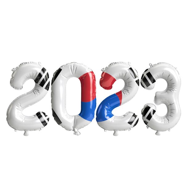 Ilustración 3d de globos del año 2023 con bandera de Corea del sur aislada sobre fondo blanco