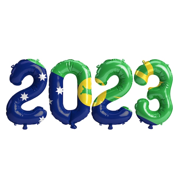Ilustración 3d de globos del año 2023 con bandera de la Isla de Navidad aislada sobre fondo blanco