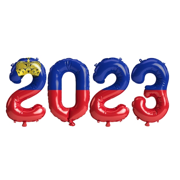 Ilustración 3d de globos del año 2023 con bandera de Liechtenstein aislada sobre fondo blanco