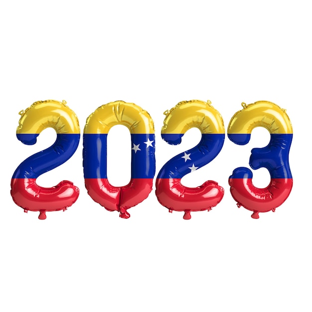 Ilustración 3d de globos del año 2023 con bandera de Venezuela aislada sobre fondo blanco