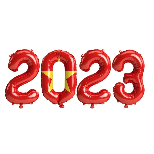 Ilustración 3d de globos del año 2023 con bandera de Vietnam aislada sobre fondo blanco
