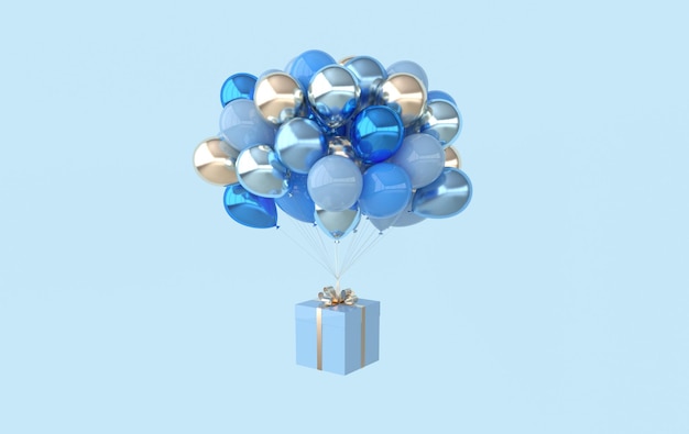 Ilustración 3d de globos azules y dorados realistas y caja de regalo con fondo de arco