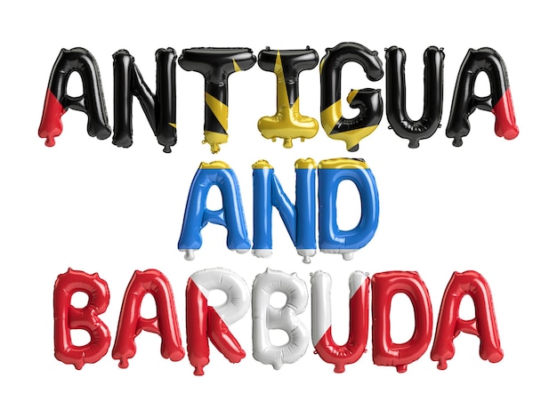 Ilustración 3d de globos de letras de Antigua y Barbuda con banderas de color aislado en blanco