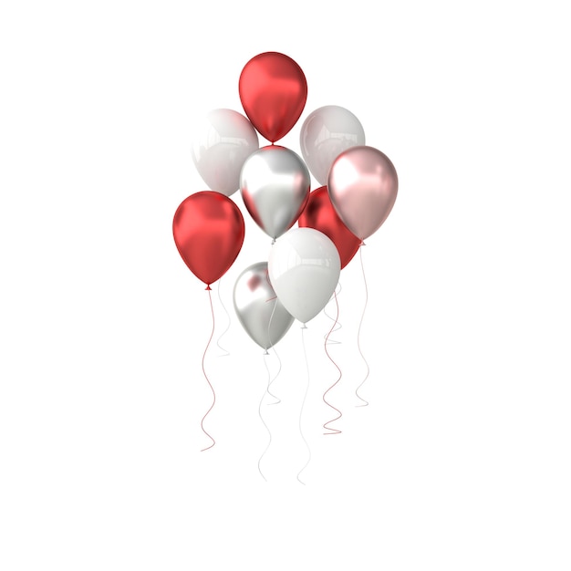 Ilustración 3d de globos plateados blancos rojos brillantes realistas aislados sobre fondo blanco