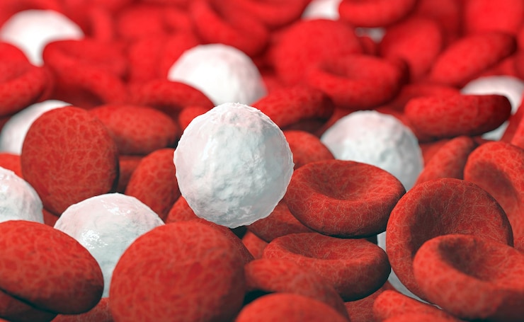 Foto ilustración 3d de glóbulos rojos y blancos