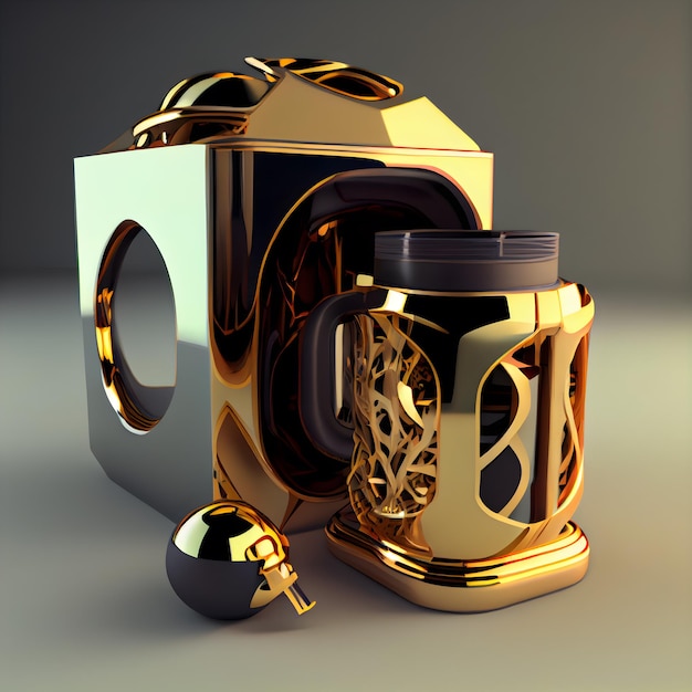 Ilustración 3d de un gráfico 3d negro y dorado con reproductor de música dorado