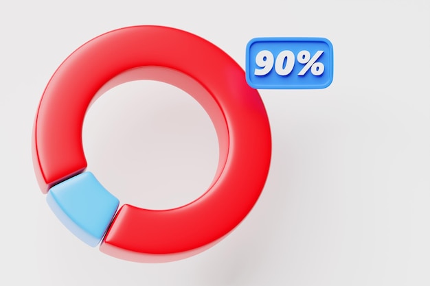 Ilustración 3D de un gráfico circular azul con una sección roja de 90 por ciento de elementos infográficos