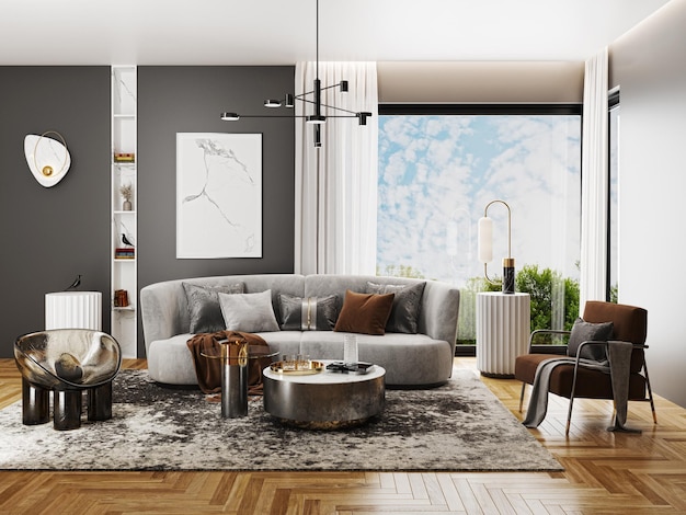 Ilustración 3D de grandes interiores lujosos modernos y brillantes Maqueta de sala de estar imagen generada digitalmente por computadora