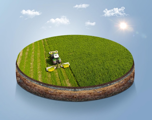 Ilustración 3d de granja isométrica redonda, diseño de concepto de agricultura digital. anuncio de control de granjas en línea.