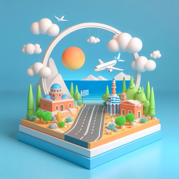 Ilustración en 3D de Grecia con telón de fondo gris