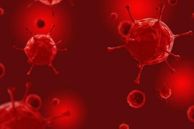 Ilustración 3D grupo de células virales, brote de coronavirus 2019 (covid19), infección por la enfermedad del virus Wuhan - China en fondo rojo, cuarentena propia, brote de coronavirus, concepto médico de laboratorio